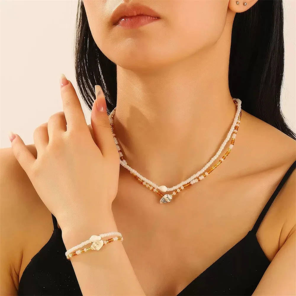 

2 Piece Bohemian Marine Biology Conch Round Beads Beach Necklaces For Women Fashion Luxury Resin Necklace Jewelry Accessories