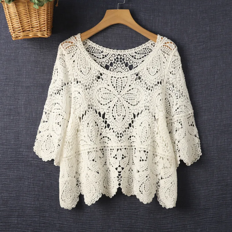 2024 New Crocheted Hollow-out Short Blouse Sun Protection Top Versatile Cotton Loose Pullover Wholesale