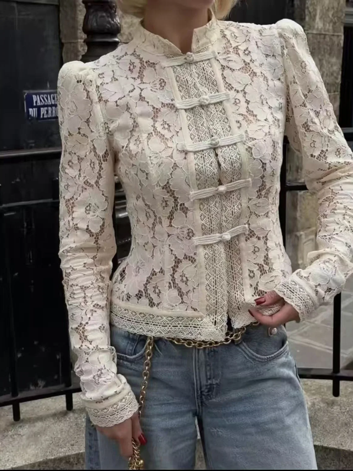 

New Autumn Fashion Casual Long Sleeve Stand-up Collar Lace Single Breasted Solid Color Slim Fit Shirt,3 Colors