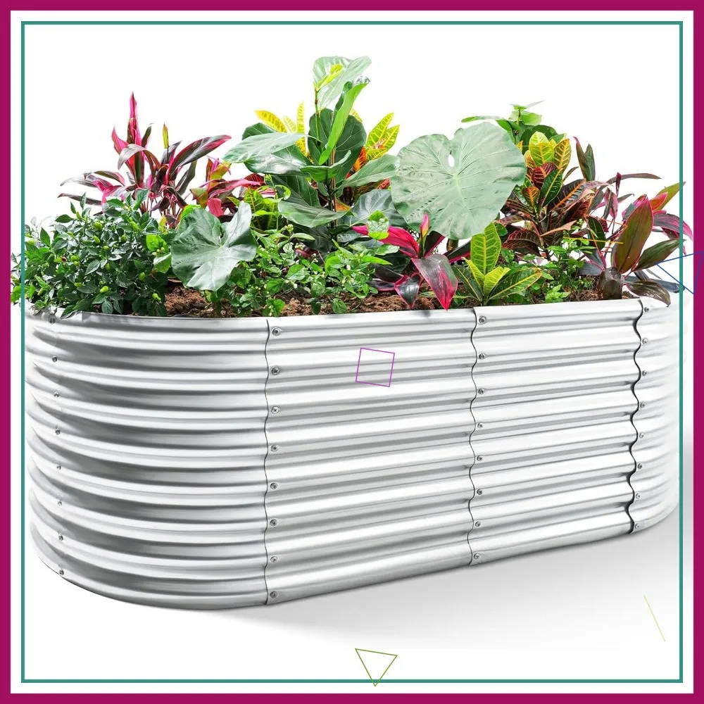 

24-дюймовый высокий овальный металлический комплект садовой кровати, большой ящик для цветов для овощей на открытом воздухе (серебристый, 4x2x2 фута)