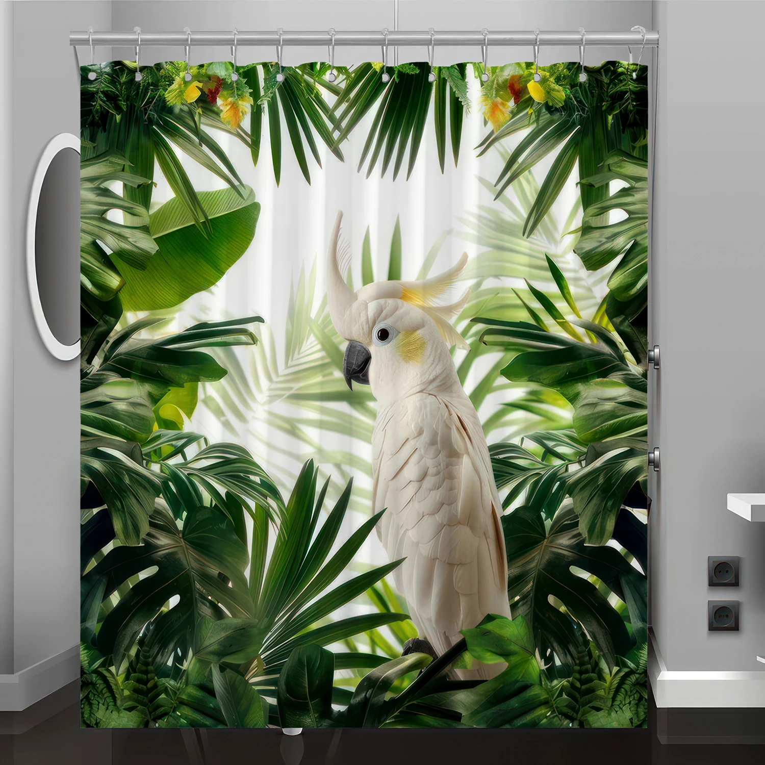 

Parrot green leaf pattern digital print shower curtain