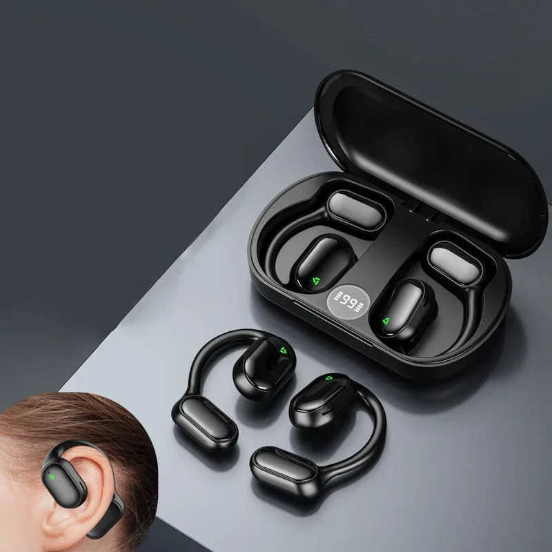 Open Ear Blue Tooth Headphones Wireless Earbuds With Noise Canceling Mic Open Ear Earbuds Premium Sound LED Display Anti-sweat