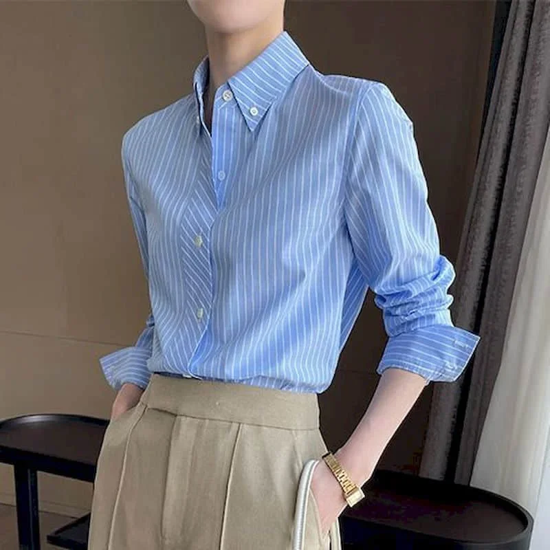 

Shirts for Women Vintage Blue Stripe Polo-neck Loose Long Sleeve Casual Korean Style Single Breasted Blouse Women Office Tops