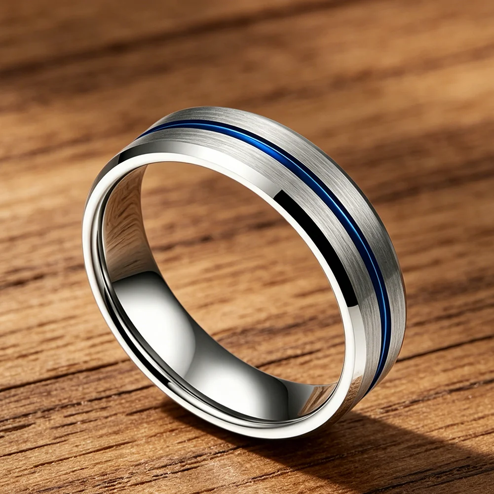 Blauer 4-mm-Ehering aus Wolfram für Männer und Frauen, modische Ringe mit abgeschrägten Kanten, gebürstete Oberfläche, bequeme Passform – Detail 4