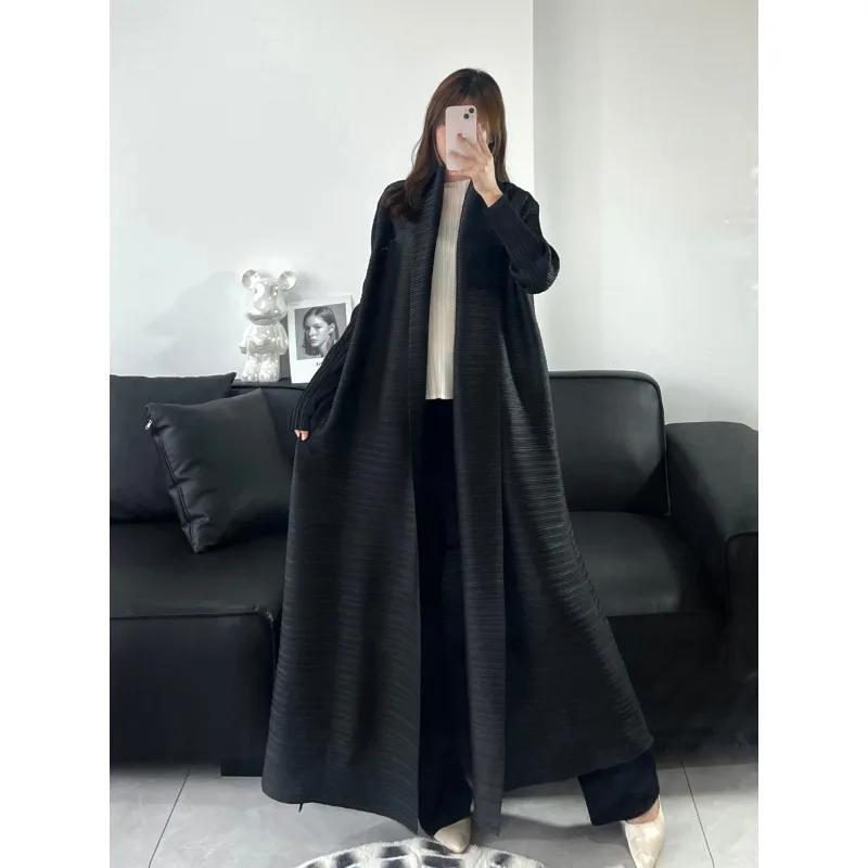 Pleats Pleated Turndown Collar Long Sleeve Cardigan Dress Long Coats Women 2024 New Abaya Fashion Loose Large Size Clothes