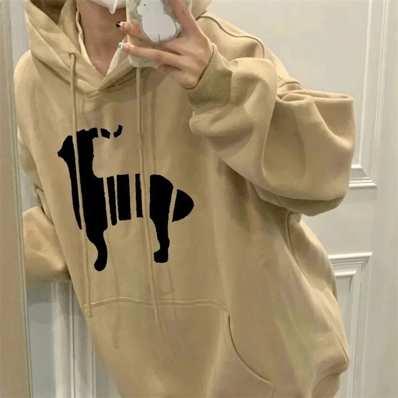 

Fresh Loose Hooded Sweater Lazy Style Women Autumn And Winter Fun Animal Print Khaki School Style Casual Casual Casual Clothes