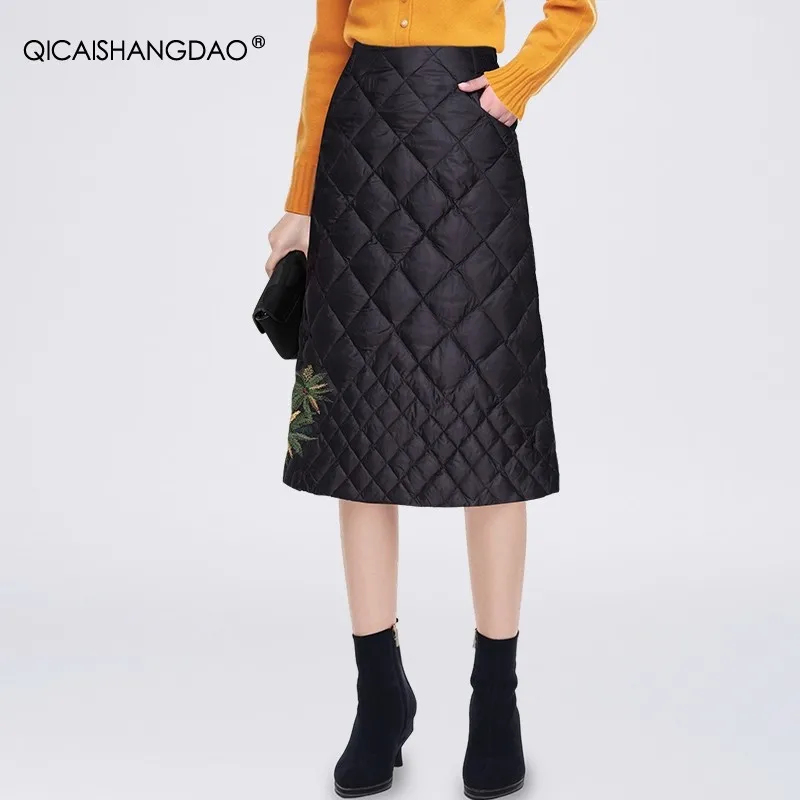 

Vintage Embroidered Women Winter White Duck Down Skirt Elastic Waist A-Line Mid-length Quilted Down Skirts