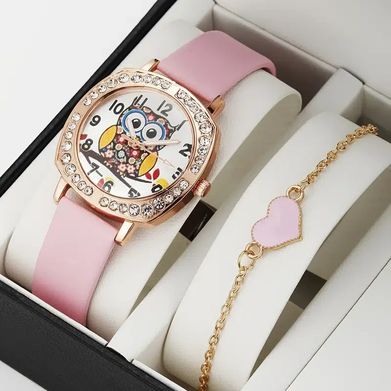 High quality classic1pc Fashion Luxury Rhinestone Square Case Ladies Cartoon Owl Watch + 1pc Bracelet clock luxury style