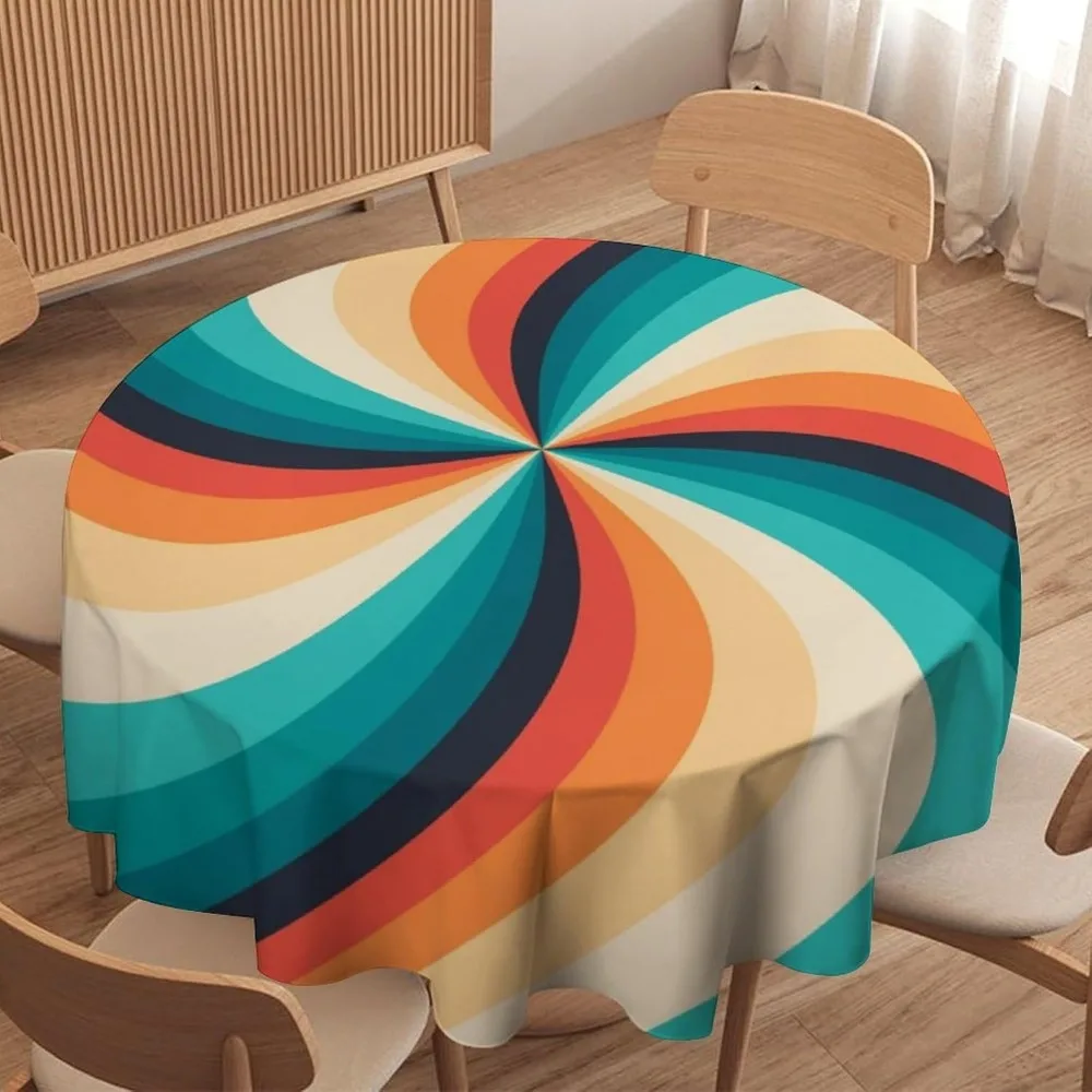 

Vintage Groovy Swirl Round Tablecloth 70s Boho Geometric Mid Century Hippie Rotating Stripes Water Resistant Cover