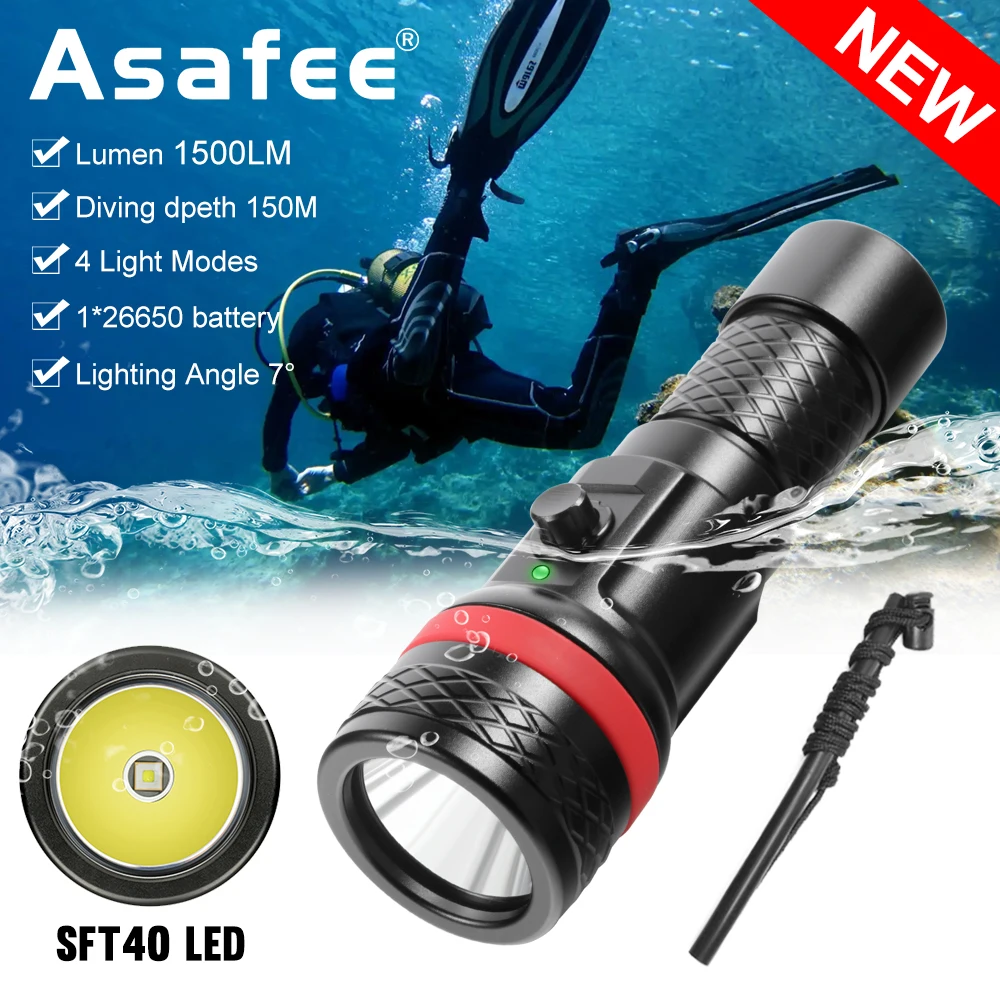 Asafee D26 New Diving Scuba Flashlight IP68 Aluminum SFT40 LED 1500Lumen Long Working Time Underwater Submersible Flashlights