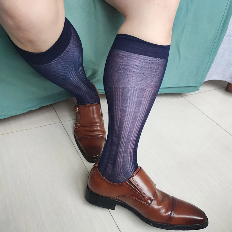Kaos Kaki Formal Bisnis Pria Tipis Bergaris, Panjang Selutut, Lembut, Bernapas, Transparan