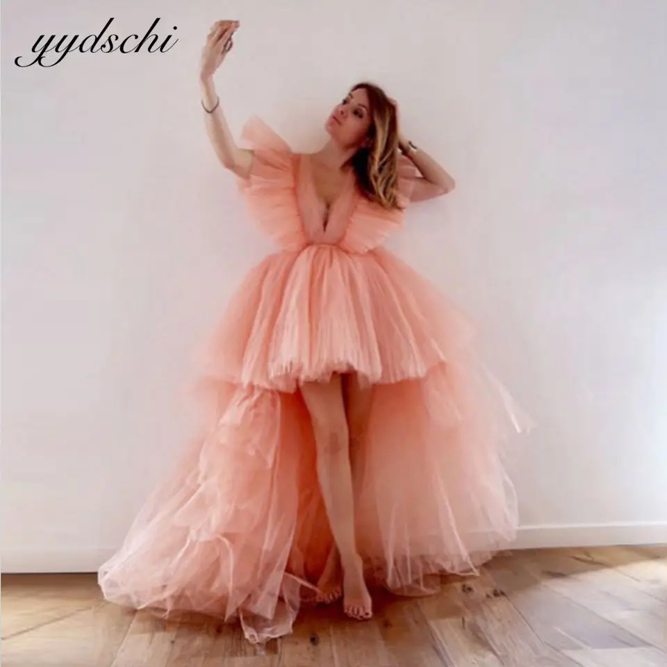Robe de Soirée Longue en Tulle Rose, Col en V, Haut Bas, Courte Devant, Élégante, Rouge, Formelle, Douce, Éducative, Gala, 2025