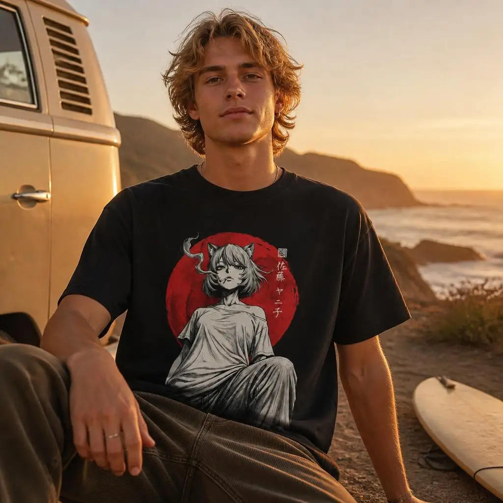 Also, Neko, T-Shirt im japanischen Stil mit Motiv einer Katze, die eine Zigarette raucht, für Herren, 100 % Baumwolle, lustiges T-Shirt mit kurzen Ärmeln, ein tolles Geschenk. – Detail 4