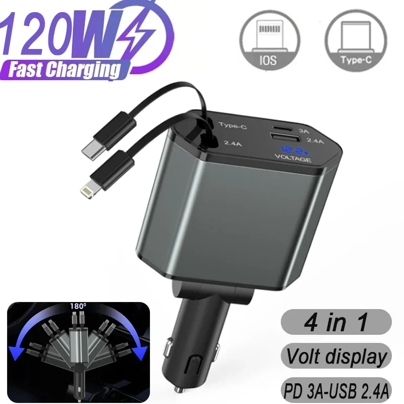 

Car Charger Car Super Fast Charge Flash Charging, Telescopic Cable 4 in 1 Retractable Car Charging Cigarette Lighter Adapter
