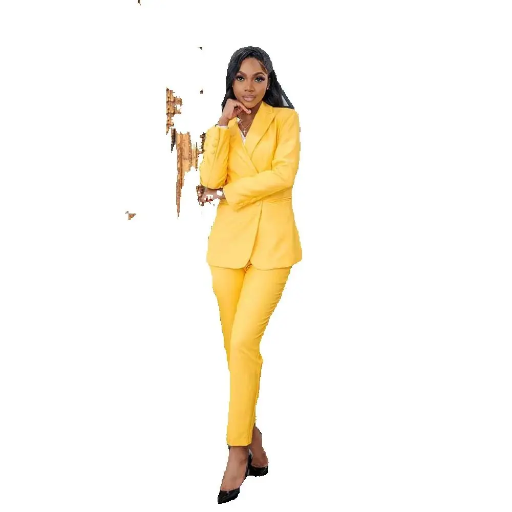 High Quality Yellow Suits for Women Notch Lapel Two Piece Jacket Pants Female Clothing Slim Fit Smart Office Lady Blazer Sets