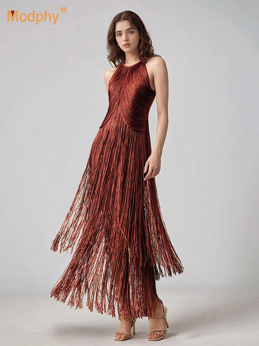 

Modphy Elegant Tassel Bandage Long Dress Women's Fashion Sling Sleeveless Sexy Bodycon Maxi Dress 2025 Evening Party Outfits