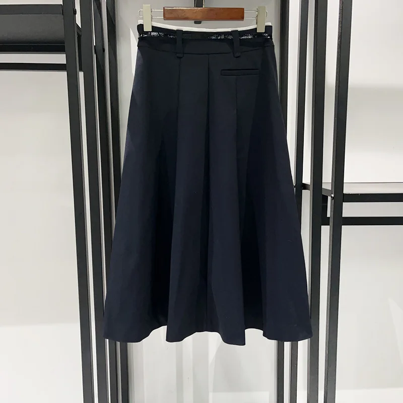 【Gift Free】2025 herfst-wintermode A-lijn geplooide midi-rok voor dames, uitlopende rok met riem en witte rand