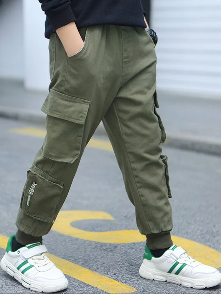 Autumn Boys Work Pants Military Green Cotton Trouserss Kids Teenager Sport Pant Spring Children Casual Clothes For 3-12 Year Old