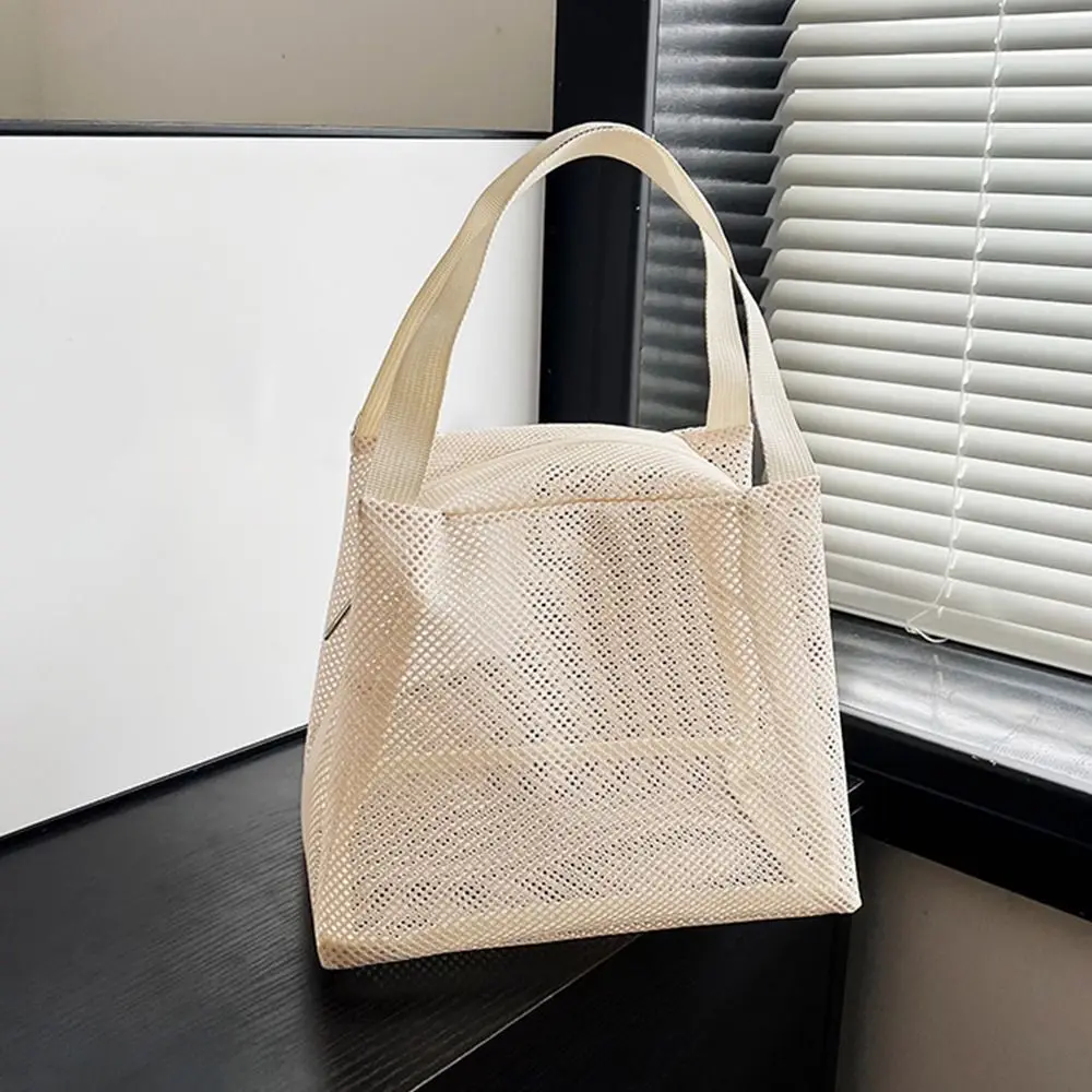 

Casual Mesh Tote Beach Bag Large Capacity Portable Toiltery Makeup Bag with Handle Solid Color Cosmetic Zipper Pouch