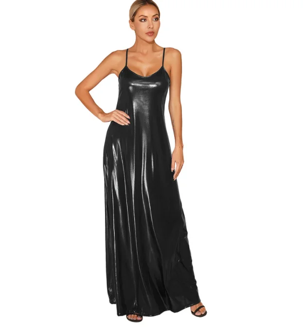 Womens Metallic Shiny Cocktail Party Formal Maxi Dress Elegant Dresses Clubwear V Neck Adjustable Spaghetti Strap Backless Dress