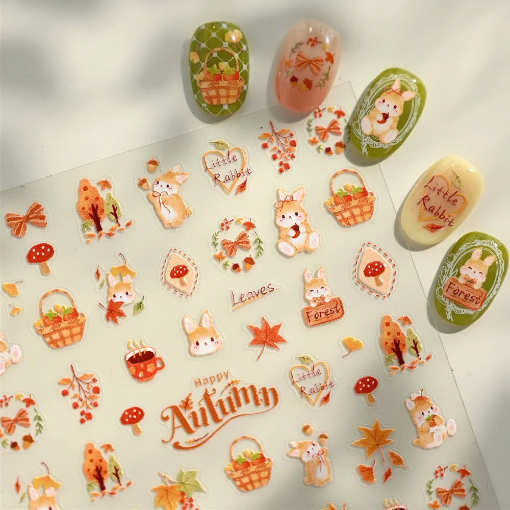 

Lovely Autumn Harvest Rabbits Mushrooms Pinecones Maple Leaves Fruits 3D Self Adhesive Nail Art Stickers Cute Manicure Decals