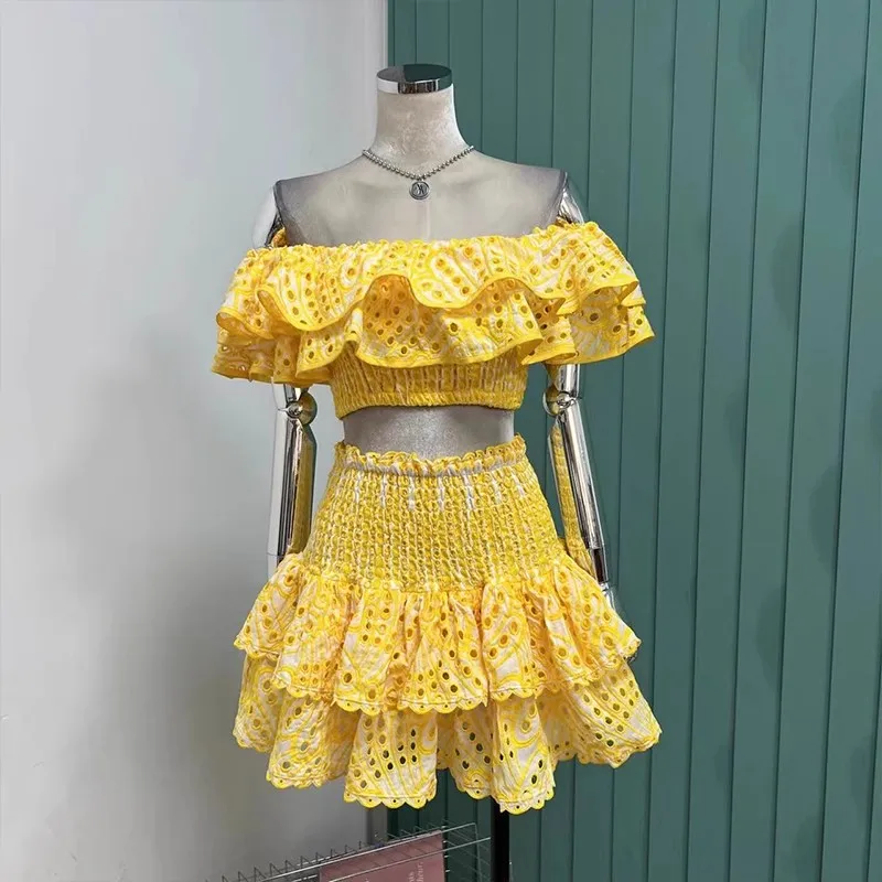 New Summer Holiday 2 Piece Set Sexy Women Off Shoulder Embroidery Ruffles Hollow Out Cotton Short Tops + Cake Mini Skirt Suits