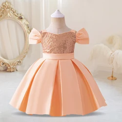 Toddler Girls 1st Birthday Pink Dress Bow Cute Baby Baptism Gown Kids Wedding Party Elegant Princess Puffy Sequins Tutu Costume