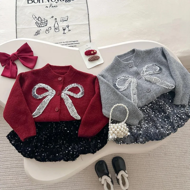 

Girls' Autumn Winter Outfit Set New Fashionable Children's Sweater Cardigan Jacket Skirt Two-Piece Set Trendy
