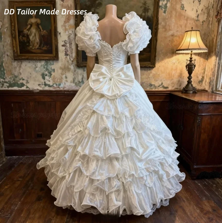 빈티지 빅토리아 웨딩 드레스 프릴 짧은 소매 오간자 신부 가운 리본 맞춤형 풀 길이 프롬 드레스 2025