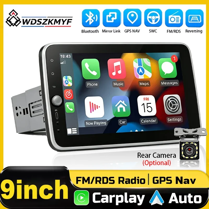 Universal 1DIN 9 Inch Adjustable Car Multimedia Stereo Radio Wireless CarPlay Android Auto Mirror Link Bluetooth FM Player