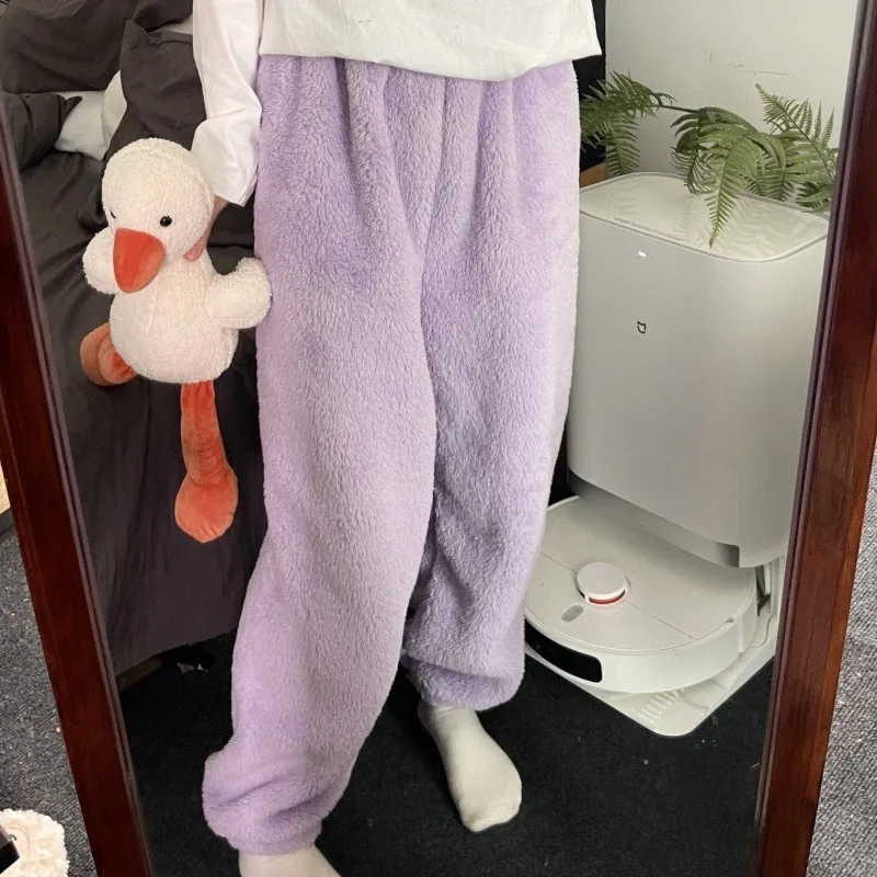 Winter Sweet Coral Velvet Sleep Pants for Women Home Sleepwear Simple Loose Warm Kawaii Students Fluffy Cozy Full Length Bottoms