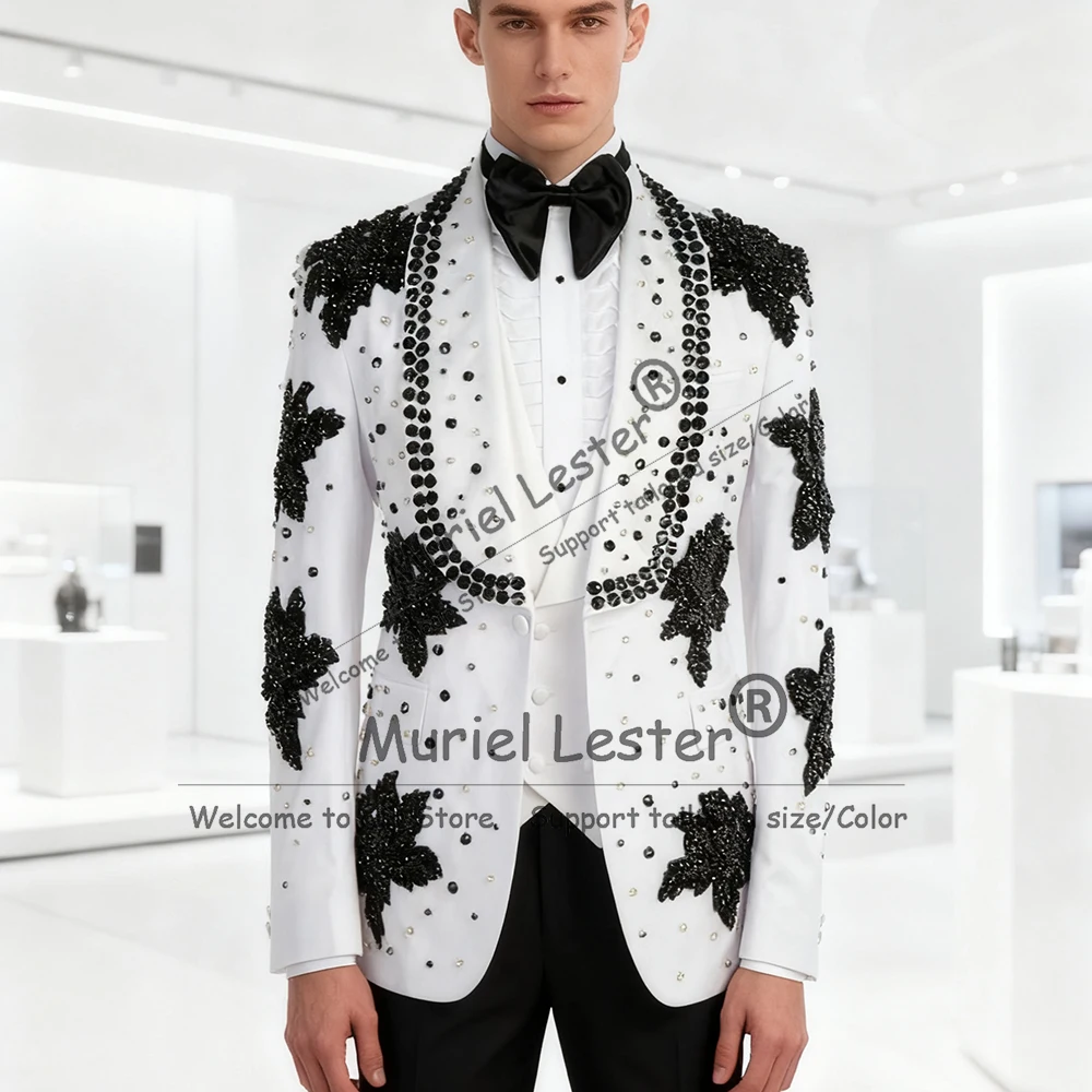 

Unique Design Beaded Stones Men Suit Attire 3 Pieces Groom Prom Blazers Slim Fit Wedding Tuxedos Customized trajes para hombr