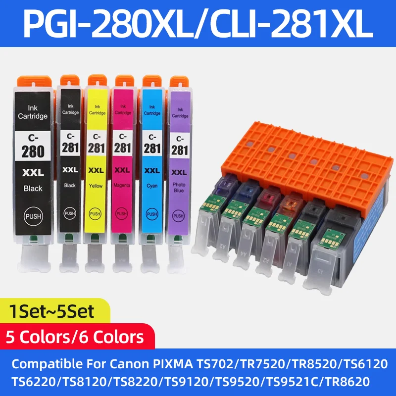 

PGI-280XXL CLI-281XXL PGI-280 CLI-281 Ink Cartridge Compatible for Canon PIXMA TS702 TS6120 TS6220 TS8120 TS8220 TS9120 TS9520