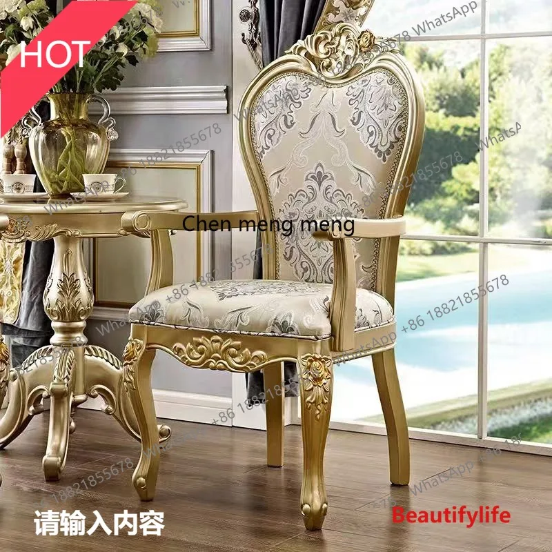 

A07 European leather leisure chair study chair solid wood carving flower backrest single chair