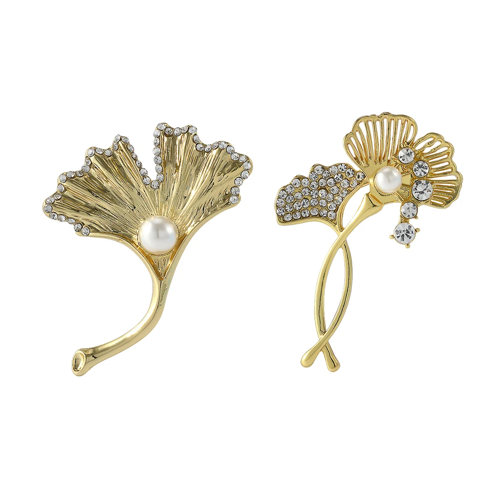 2 Pcs Luxury  Pretty Ginkgo Leaf Lapel Pins Set With Crystal And Imitation Pearl Golden Brooches For Women Dress Jewelry