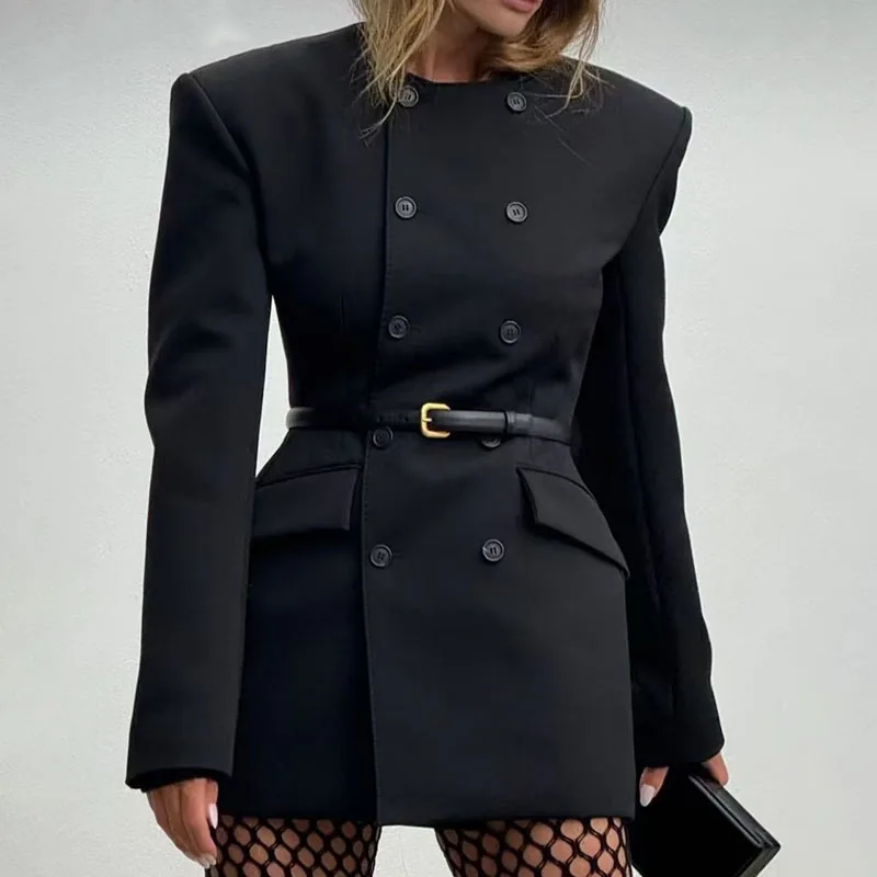 EAEOVNI 2025 Cappotto blazer da donna alla moda nuovo O Collo Cintura con design a doppio bottone Giacca nera Capispalla Autunno Abbigliamento elegante