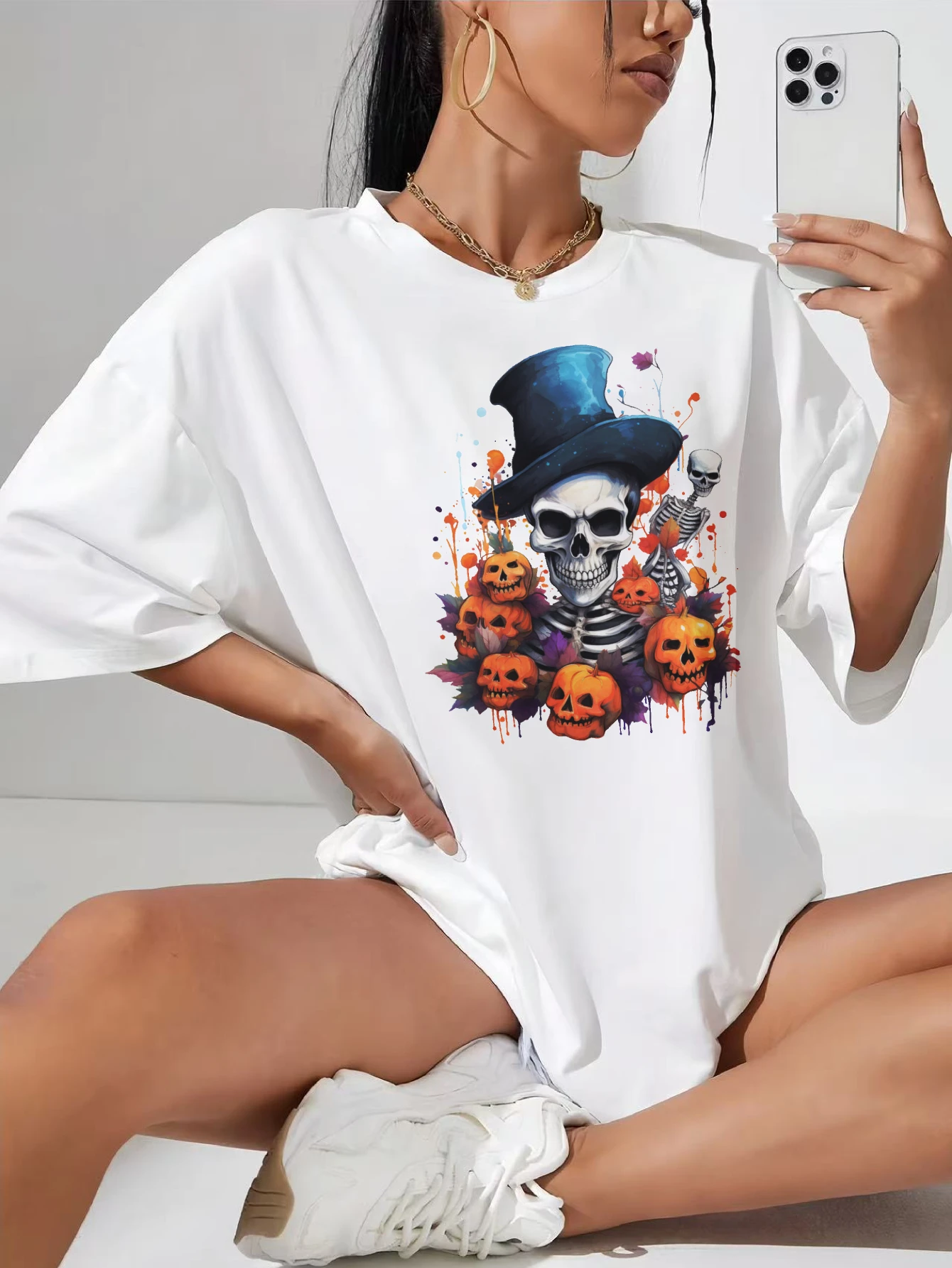 

Thankful Leopard Pumpkin Women's White Plus Size Crew Neck T-Shirt Cotton Soft Comfy Loose Fit Shirt with Cute Halloween Design