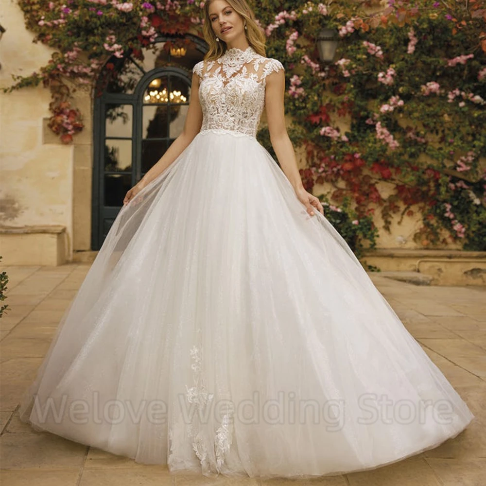 Abito da sposa Vintage con maniche a collo alto abito da sposa classico in Tulle con Applique aperto sul retro a-line lunghezza del pavimento abiti da sposa su misura