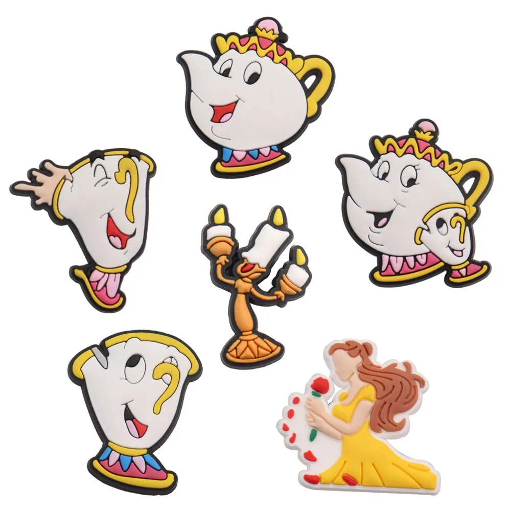 

Wholesale 50pcs PVC Shoe Charms Beauty and the Beast Belle Mrs.Potts Accessories Sandals Shoes Decoration Fit DIY Party Gift