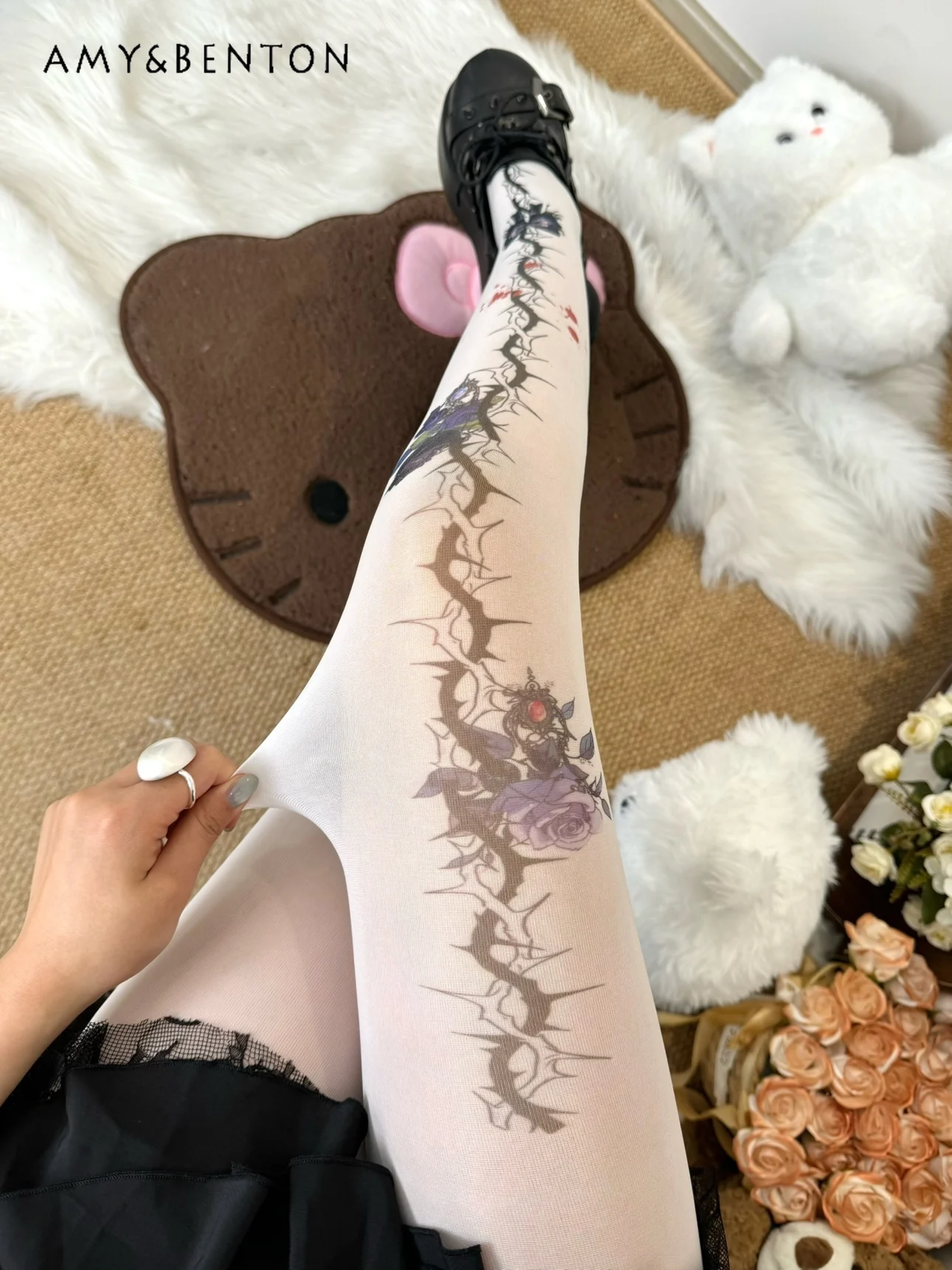 Dark Girl Purple Flower Print Street Gothic Pantyhose Japanese Animation Print Stockings Subculture Lolita Thigh High Stockings