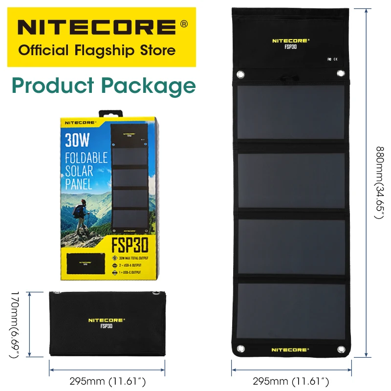 NITECORE 휴대용 방수 태양 전지 패널, 소형 태양 전지 USB-C PD 18W 고속 충전기, 휴대폰 캠핑 하이킹 라이딩용, FSP30, 30W