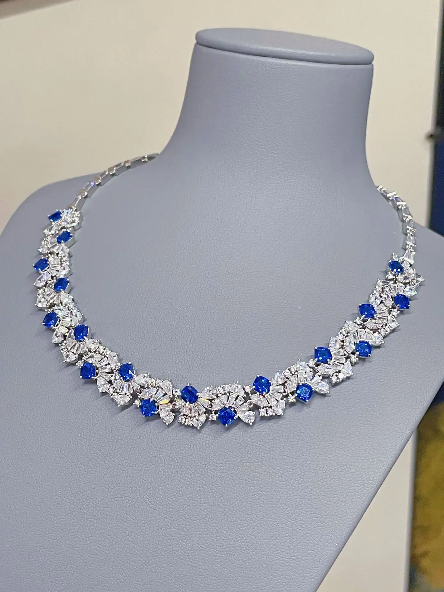 

ZOCA 925 Sterling Silver With Cubic Zircon Flower Torques Necklace For Party Wedding Fine Women Jewelry Blue Color