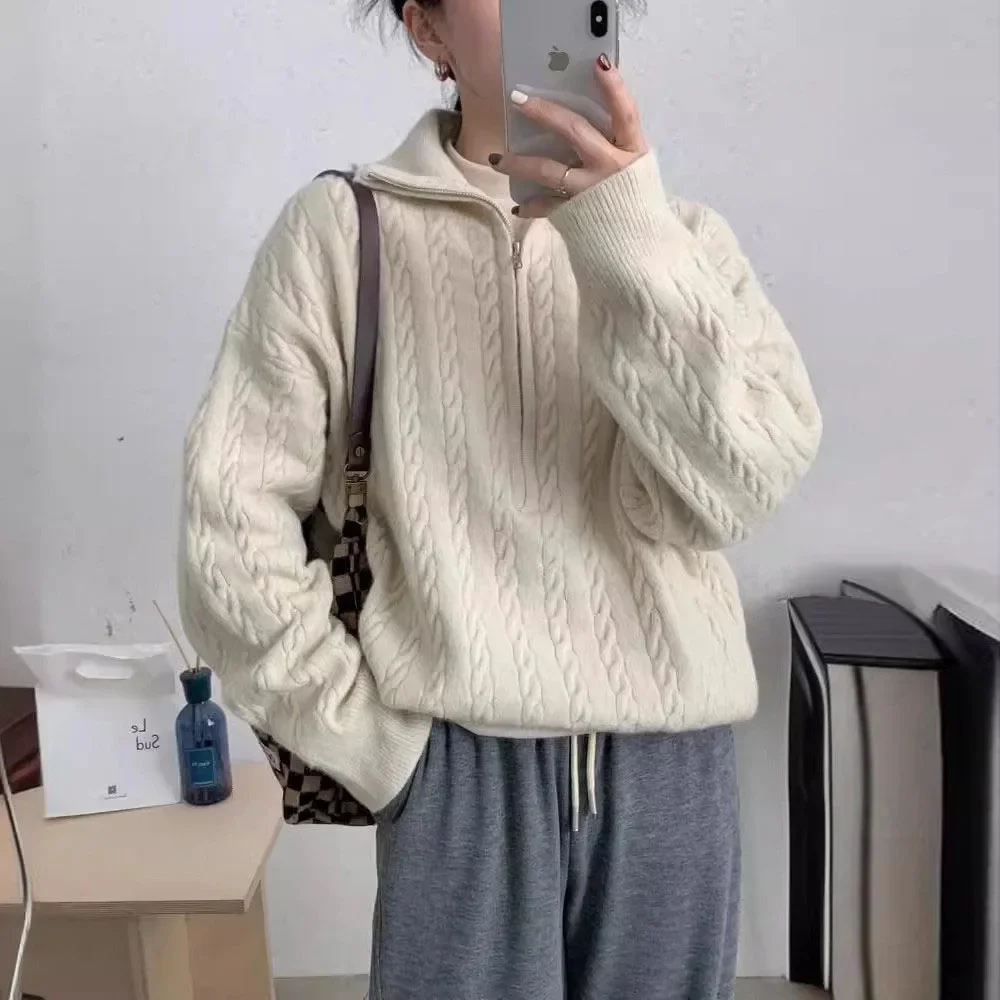 

Women's Lazy Fashion Casual Autumn Winter French Style Pullover Korean Style Pure Color Zipper Polo Collar Twist Sweater