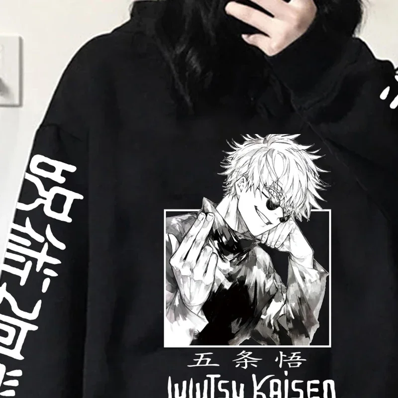 Jujutsu Kaisen Hoodie Hip Hop Anime Gojou Satoru Print Hooded Pullovers Tops Loose Long Sleeves Harajuku Man Clothes