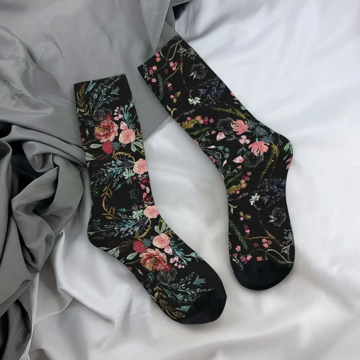 Meias Midnight Floral para Unissex, Harajuku, Meias Super Macias, Meias Longas para Toda a Temporada, Acessórios para Presentes