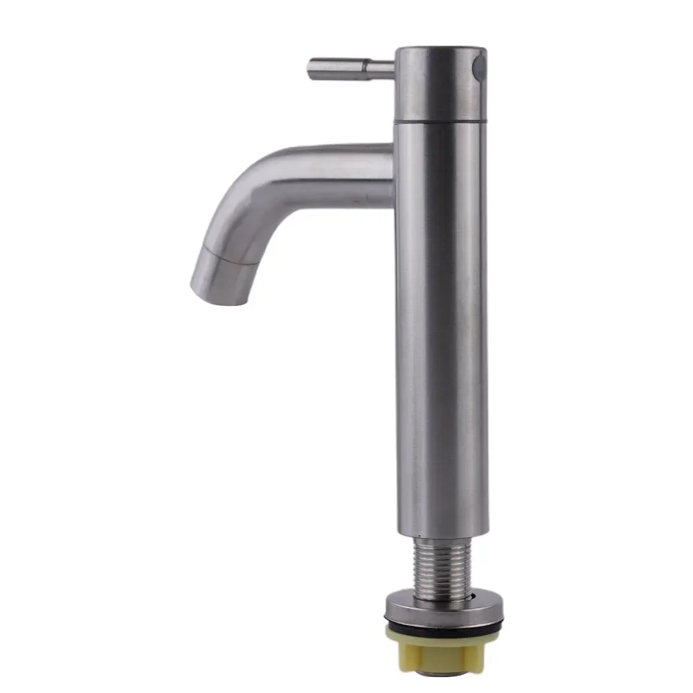 Grifos de lavabo de cocina, grifo de fregadero de Solo Frío plateado de acero inoxidable, conector G1/2 de un solo orificio, grifo de lavabo de encimera de baño