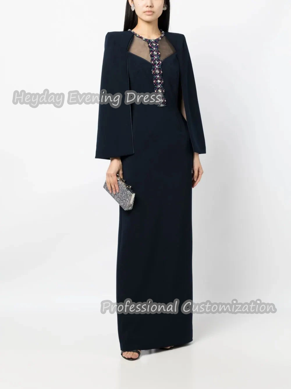 Heyday Straight O-Neck Saudi Arabia Long Sleeves Prom Gown Beaded Crepe Floor Length Sexy Elegant Dress For luxurious Women 2024