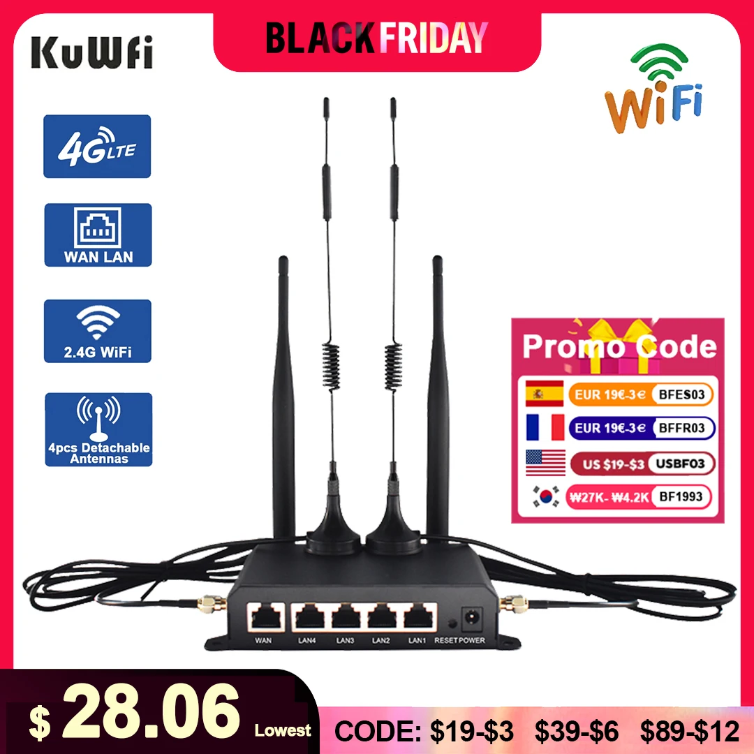 KuWFi 4G LTE Router 300Mbps Wireless WiFi Router 4pcs Detachable Antennas with WAN LAN RJ45 Port AP Repeater Mode SIM Card Slot