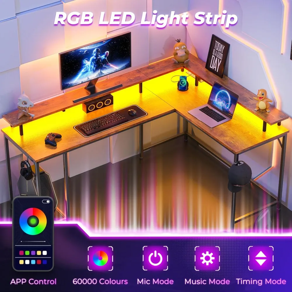 L Shaped Gaming Desk with Power Outlets & LED Lights, 66 Inch Computer Desk with Monitor Stand & Storage Shelf, Home Office Desk