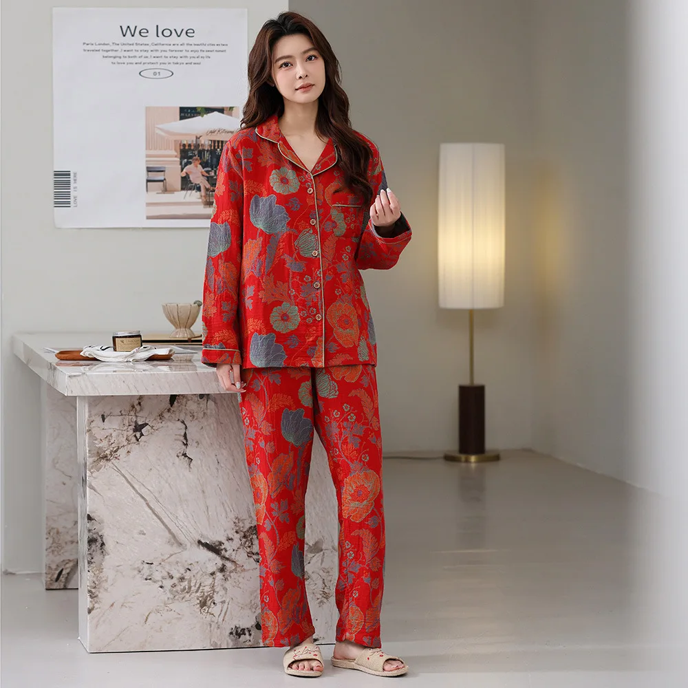 Cotton Trouser Pajamas Suit for Women's Spring and Autumn Cotton Long-sleeved Home Clothes Jacquard Cotton Women's Pijama Mujer